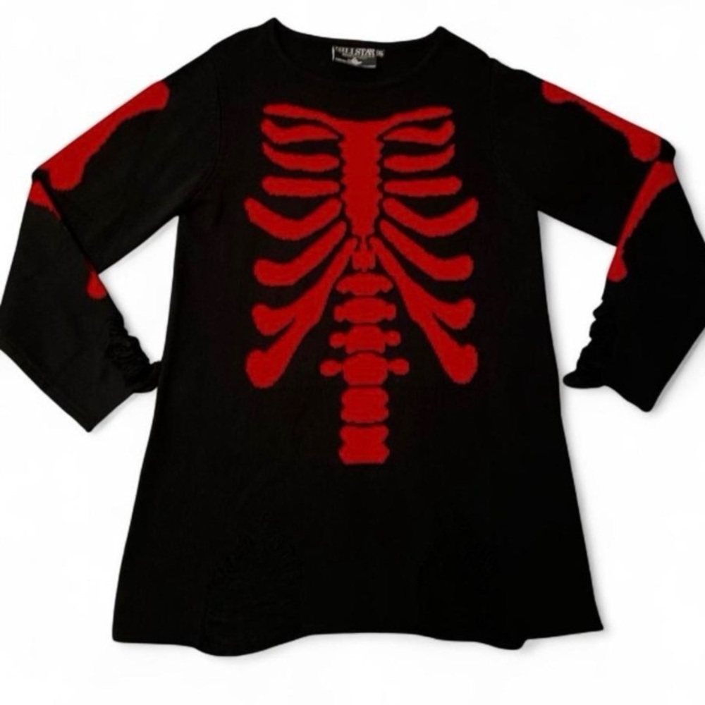 KILLSTAR Long Sweater Women’s sz XL Black/Red RibCage Art Distressed GOTH NEW
